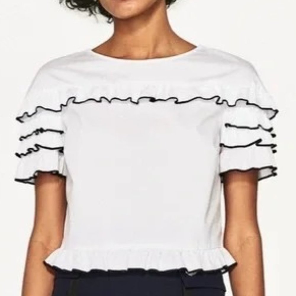 Zara Basic White Ruffled Poplin Crop Blouse With Black Trim & Button Back Size S